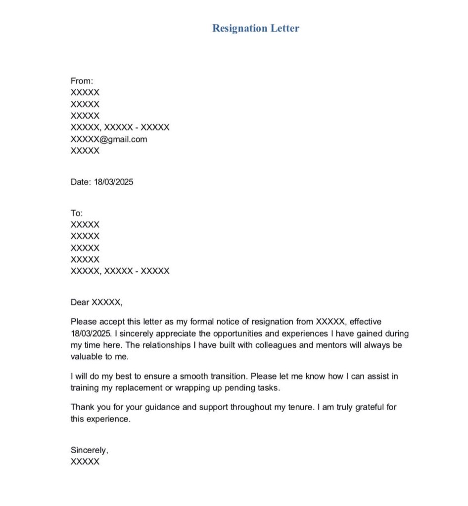 Resignation Letter - Sample Word Format with Professional Writing